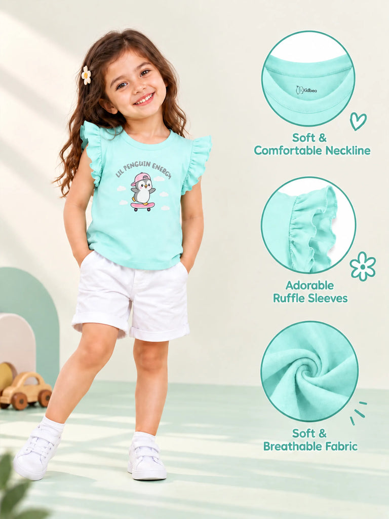Girls Aqua Top – Lil Penguin Energy Print with Ruffle Sleeves