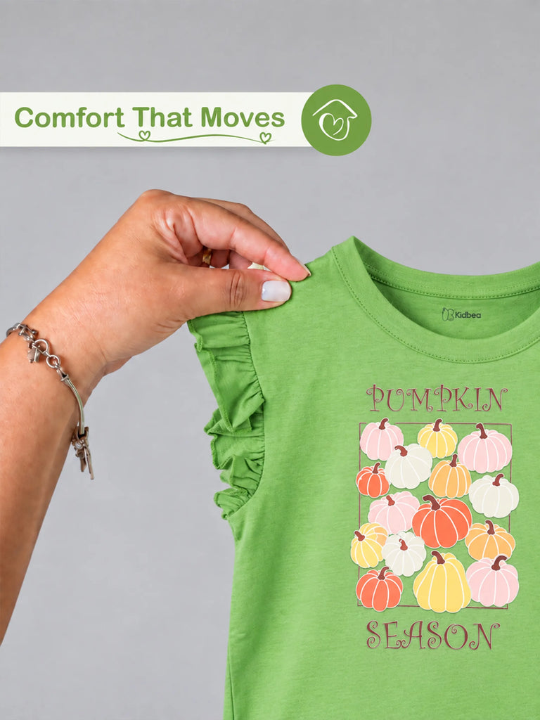 Girls Green Top – Pumpkin Season Print with Ruffle Sleeves