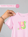 Girls Pink Top – Happy Floral Letter Print with Ruffled Edges