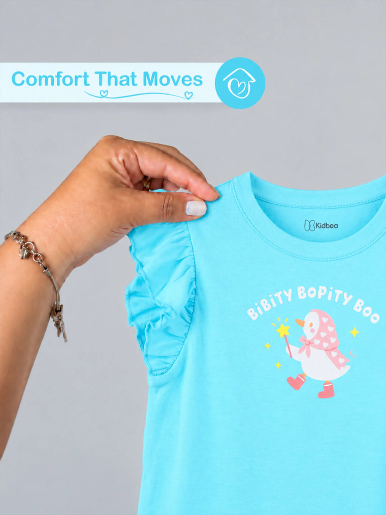 Girls Blue Top – Bibity Bopity Boo Penguin Print with Ruffle Sleeves