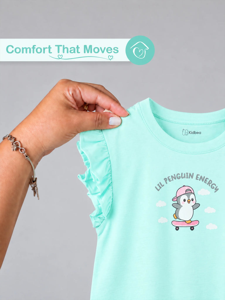 Girls Aqua Top – Lil Penguin Energy Print with Ruffle Sleeves