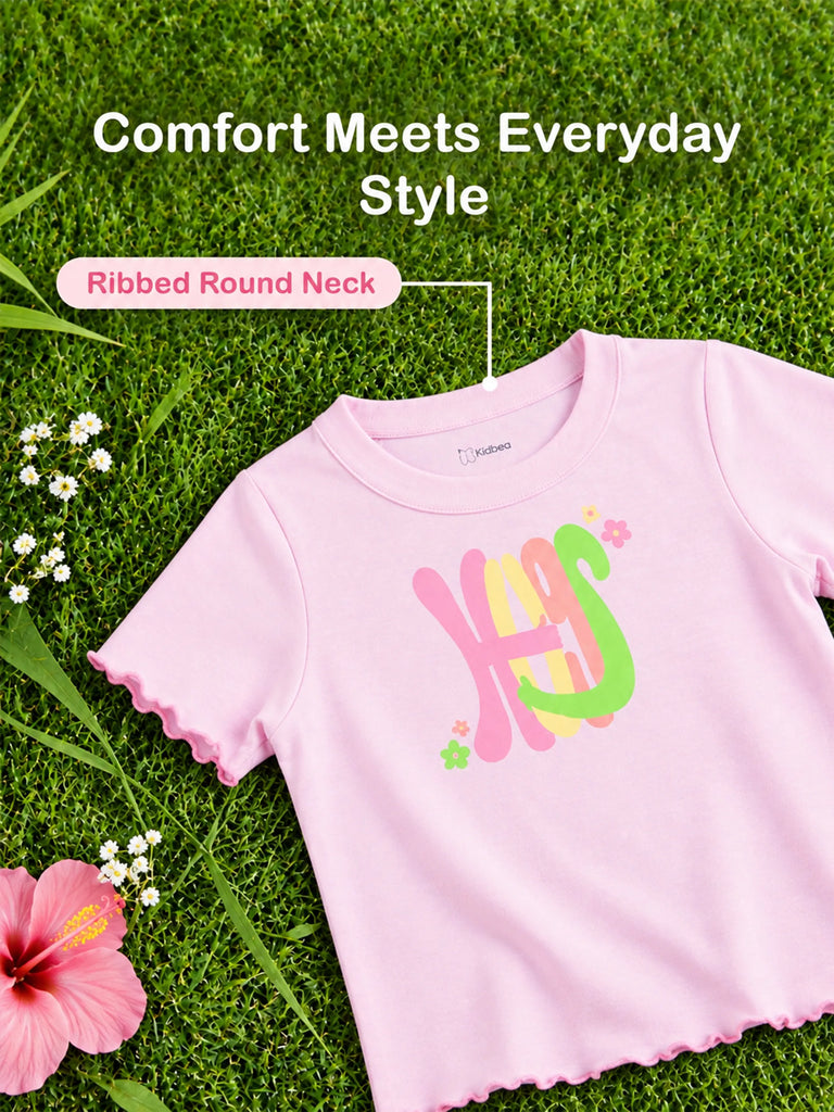 Girls Pink Top – Happy Floral Letter Print with Ruffled Edges