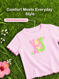 Girls Pink Top – Happy Floral Letter Print with Ruffled Edges