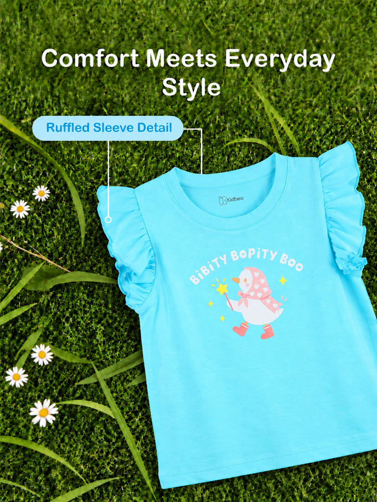 Girls Blue Top – Bibity Bopity Boo Penguin Print with Ruffle Sleeves