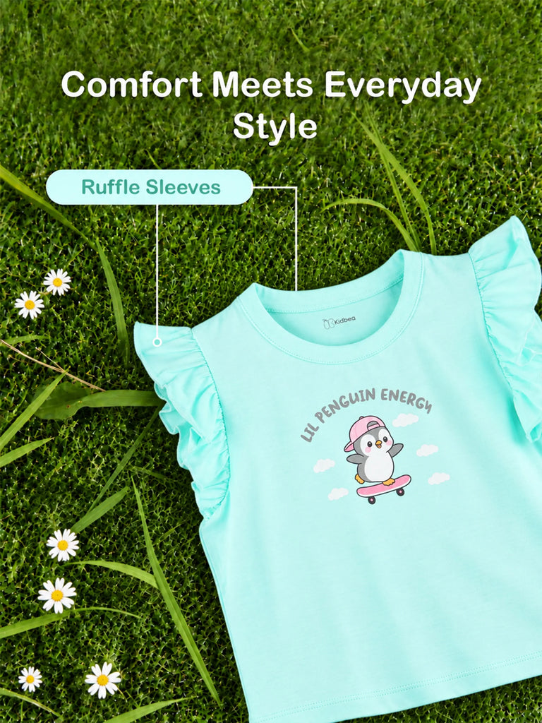 Girls Aqua Top – Lil Penguin Energy Print with Ruffle Sleeves