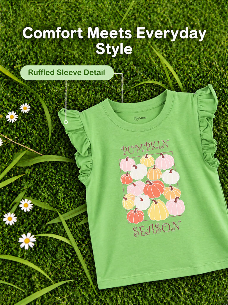 Girls Green Top – Pumpkin Season Print with Ruffle Sleeves
