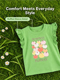 Girls Green Top – Pumpkin Season Print with Ruffle Sleeves