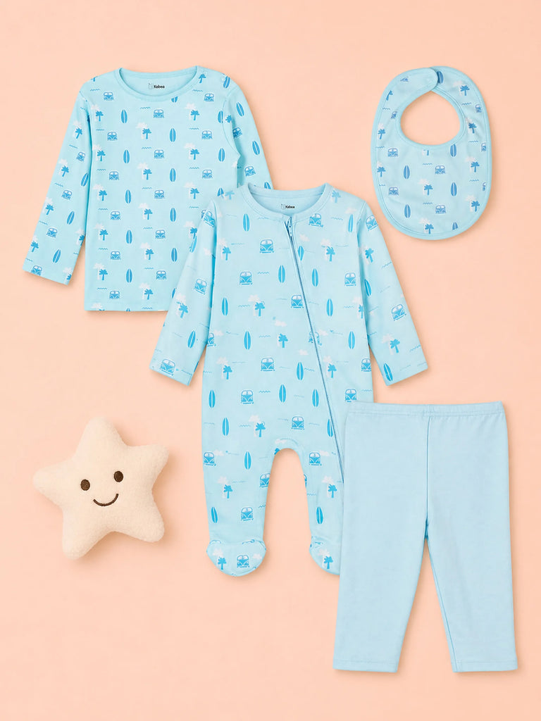 Organic Cotton Baby Gift Set – Beach Print T-Shirt, Pyjama, Full Romper & Bib for 0–18 Months (4 Piece Set)