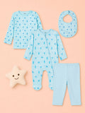 Organic Cotton Baby Gift Set – Beach Print T-Shirt, Pyjama, Full Romper & Bib for 0–18 Months (4 Piece Set)