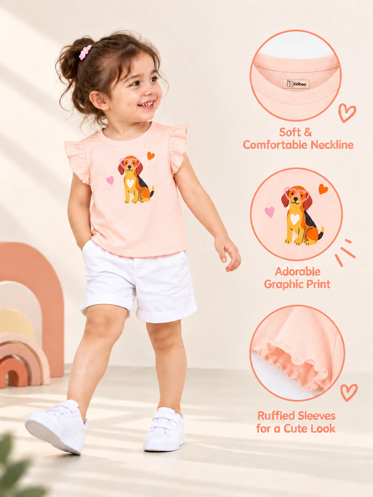 Girls Peach Top – Cute Puppy Print with Ruffle Sleeves