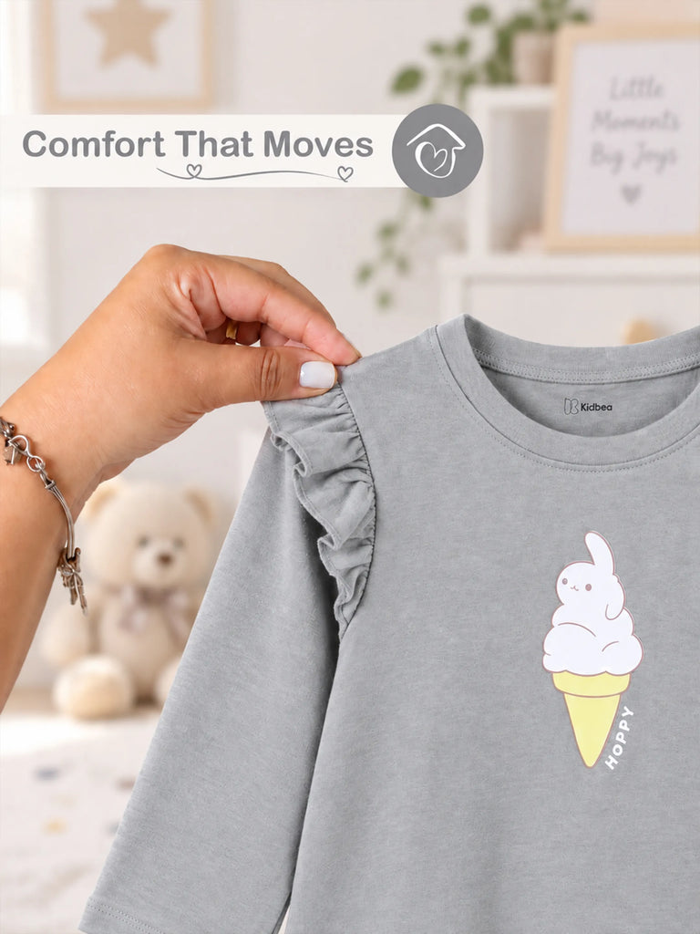 Girls Grey Full-Sleeve Top – Ice Cream Bunny Print