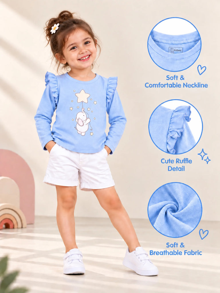 Girls Blue Full-Sleeve Top – Star & Elephant Print