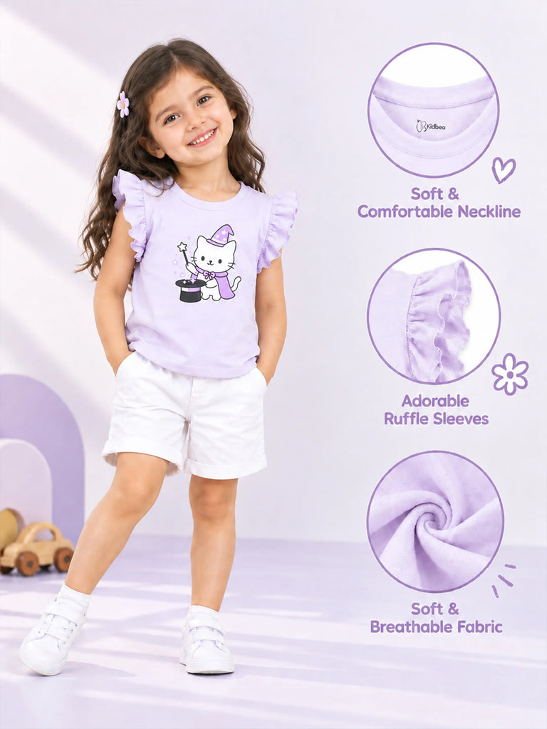 BambooTEC™ Bamboo Girls Lavender Top – Magic Cat Print with Ruffle Sleeves