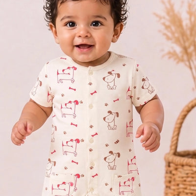 Baby Unisex Dog Print Romper with Ruffle Sleeves