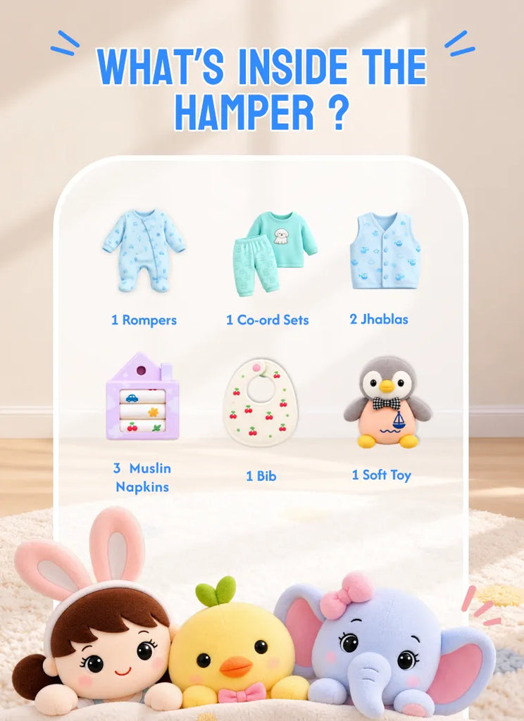 Tiny Joy - Baby Welcome Hamper Gift Set – Romper, Co-ord Set, Jhablas, Bib, Muslin Napkins & Soft Toy