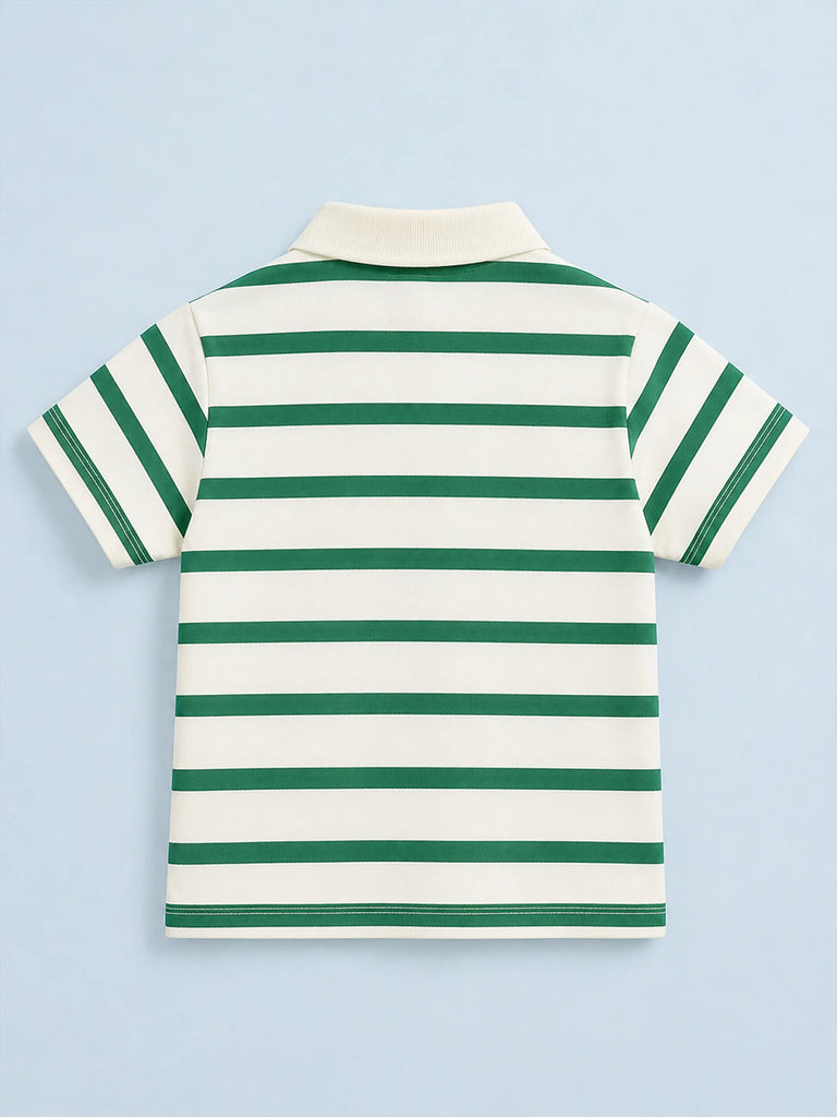 Boys Bamboo Fabric Green Striped Polo T-Shirt