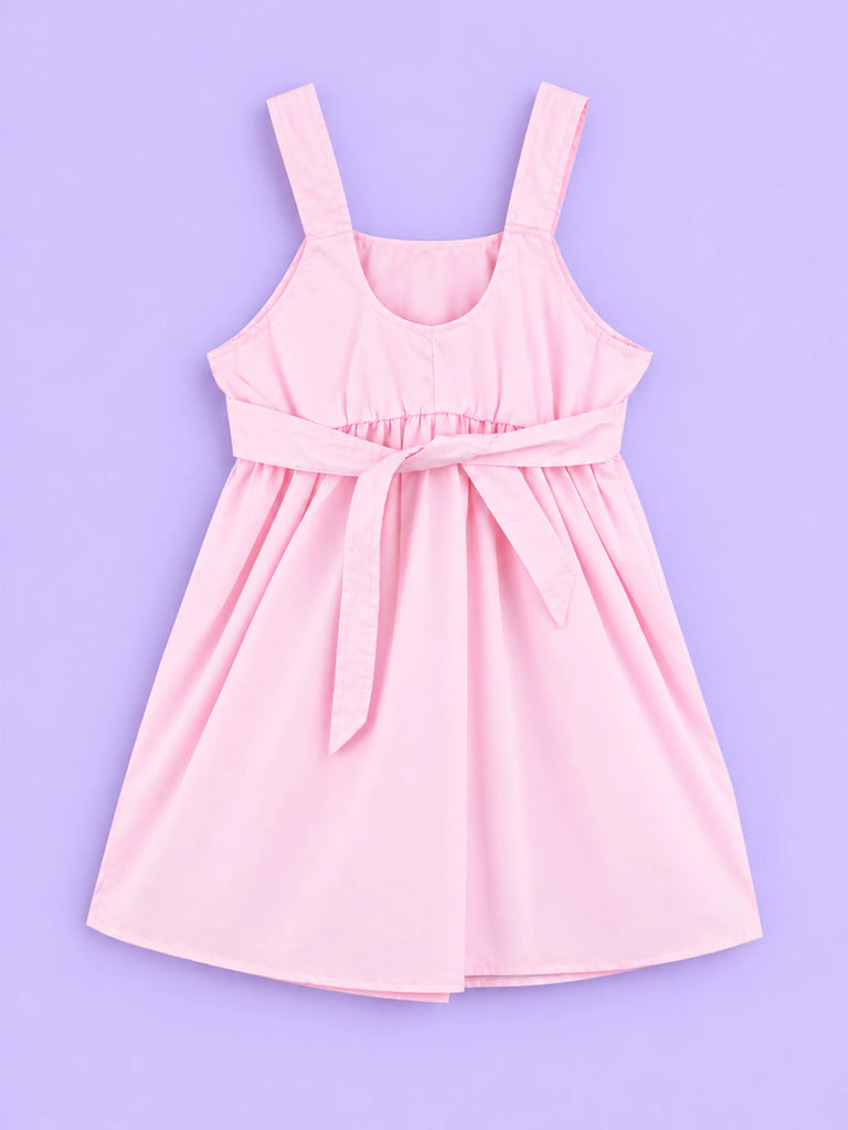 Girls Cotton Frock – Light Pink Sleeveless Flared Dress with Waist Tie