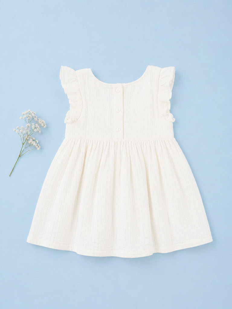 Organic Cotton Girls Flutter Sleeve A-Line Dress - White