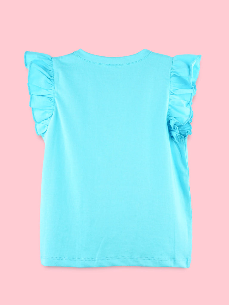 Girls Blue Top – Bibity Bopity Boo Penguin Print with Ruffle Sleeves
