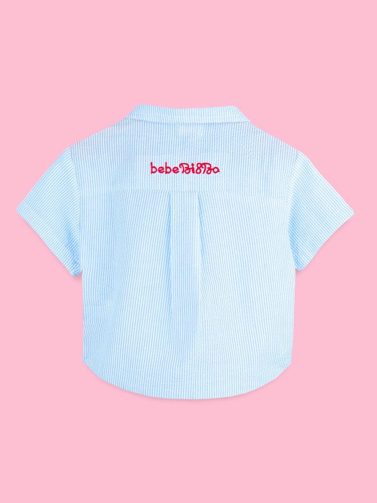 Boys Cotton Shirt & Shorts Set – Blue Striped Shirt with Navy Shorts