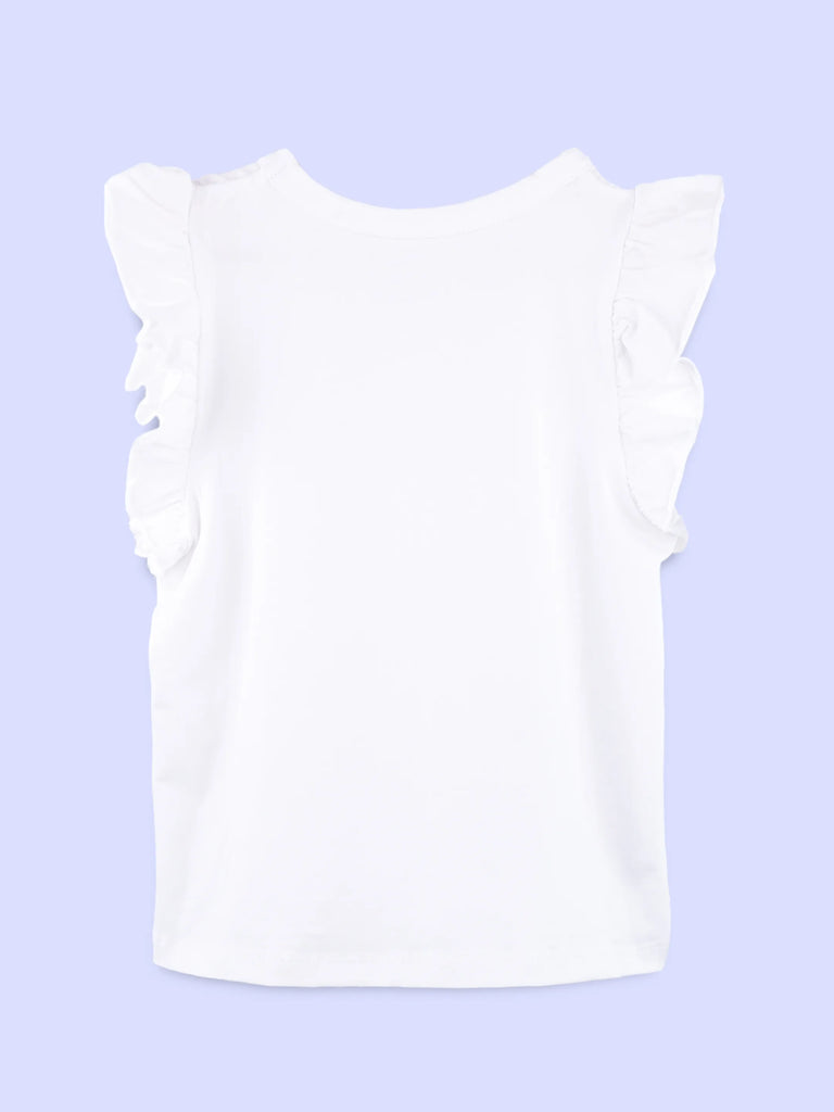 Girls White Top – Cute Bunny “Nom Nom Nom” Print with Ruffle Sleeves
