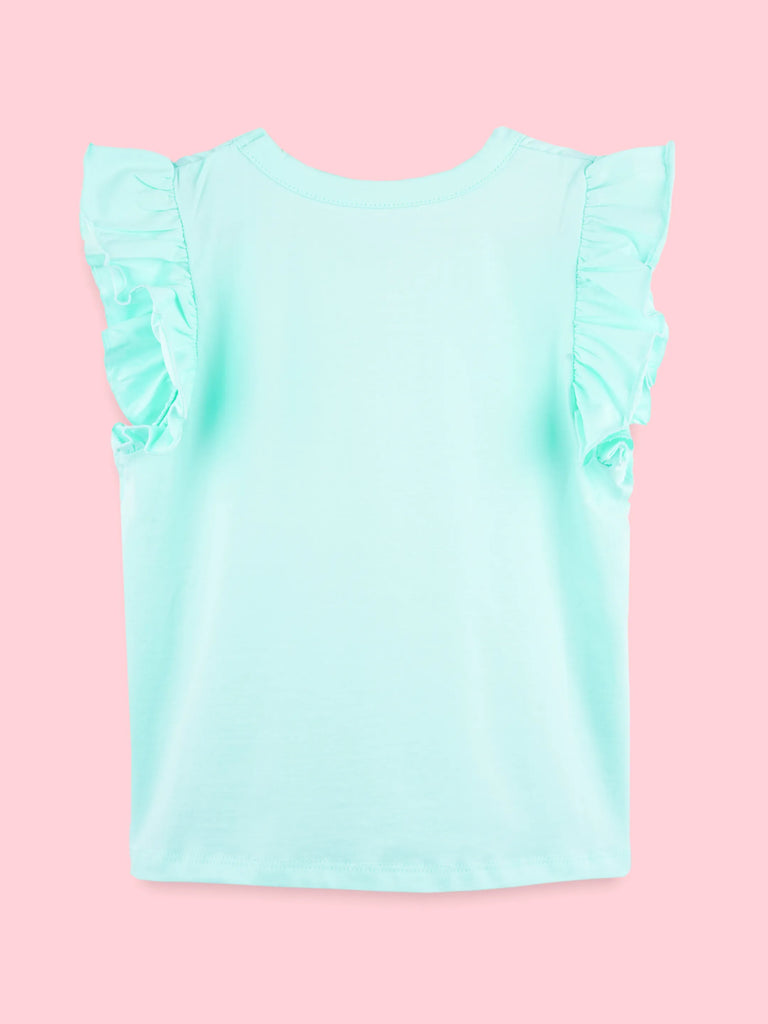 Girls Aqua Top – Lil Penguin Energy Print with Ruffle Sleeves