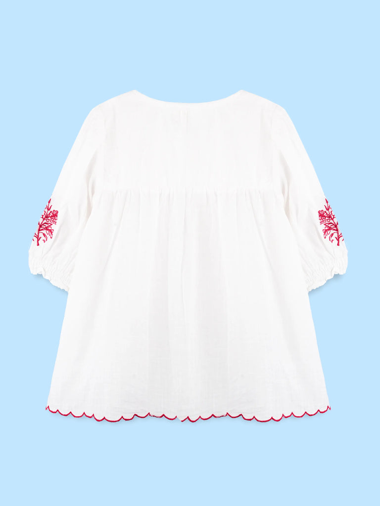 Girls Cotton Dress – White 3/4 Sleeve Dress with Red Embroidery & Scalloped Details