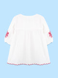Girls Cotton Dress – White 3/4 Sleeve Dress with Red Embroidery & Scalloped Details