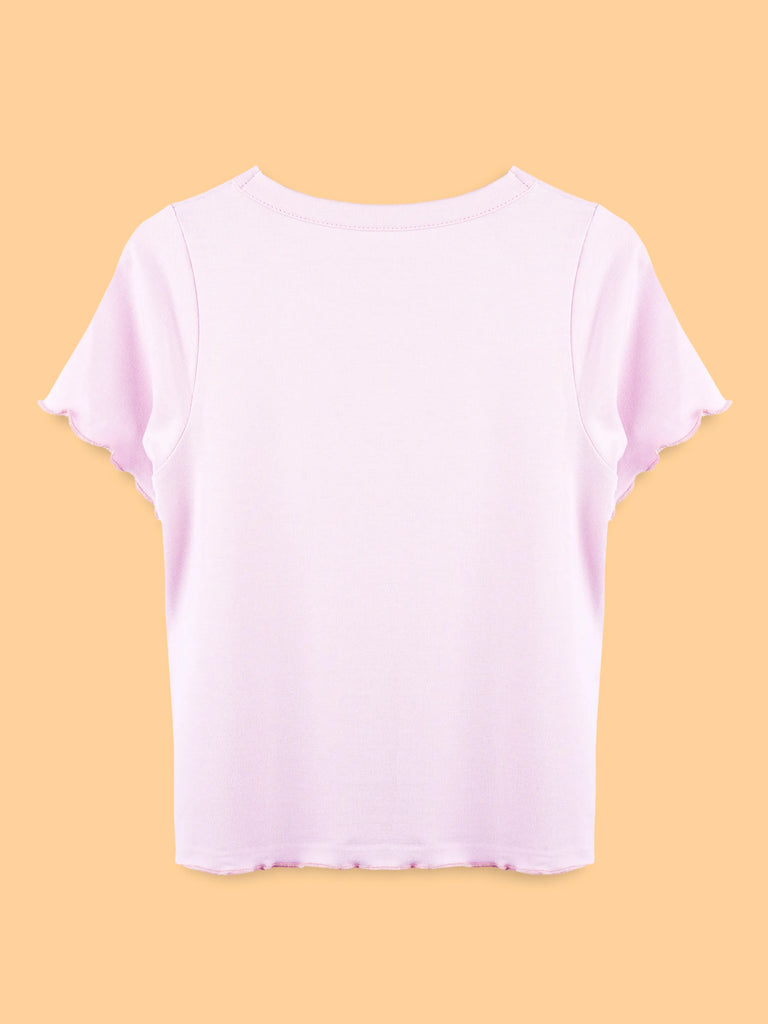 Girls Pink Top – Happy Floral Letter Print with Ruffled Edges