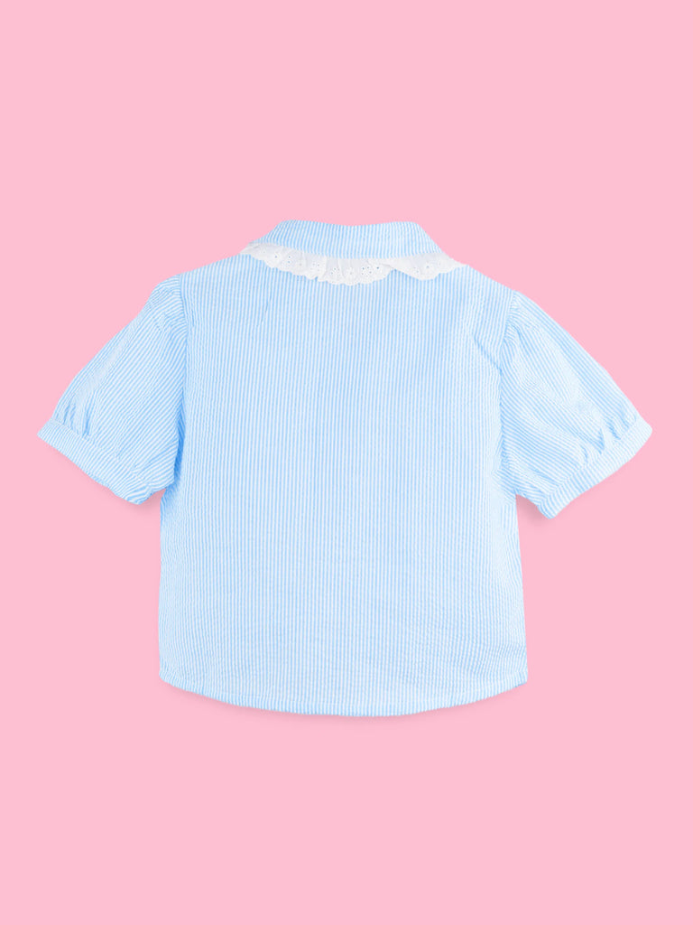 Girls Cotton Co-Ord Set – Blue Striped Shirt with Navy Flared Skirt