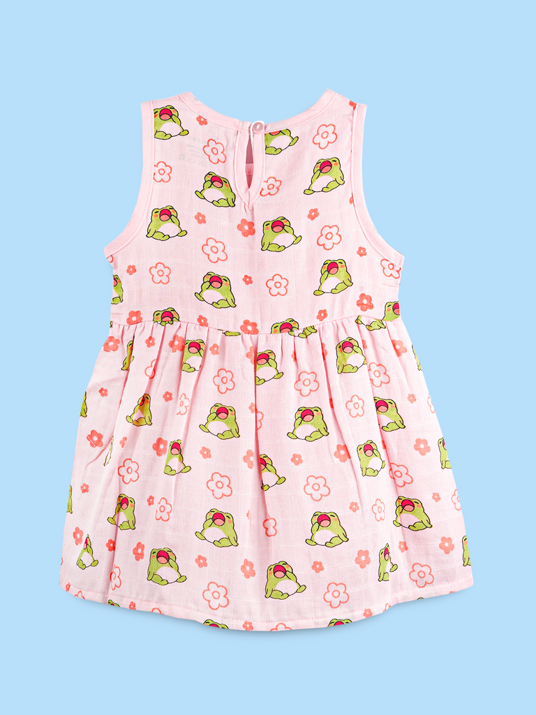 BambooTEC™ Bamboo Muslin Baby Frock – Frog & Floral Print, Soft & Breathable Dress