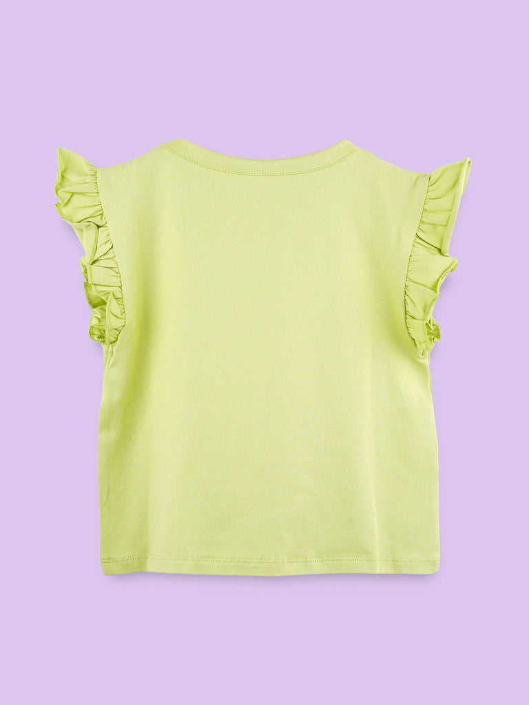 Girls Light Green Top – Cute Duck Print with Ruffle Sleeves