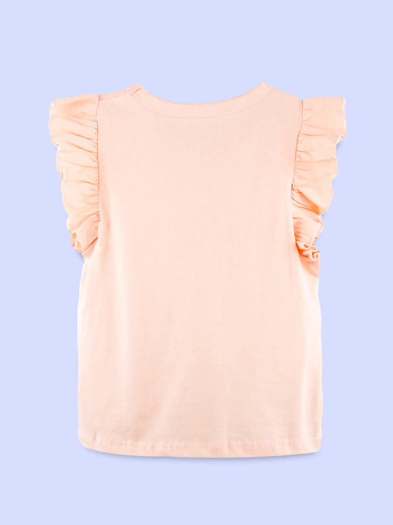 Girls Peach Top – Cute Puppy Print with Ruffle Sleeves