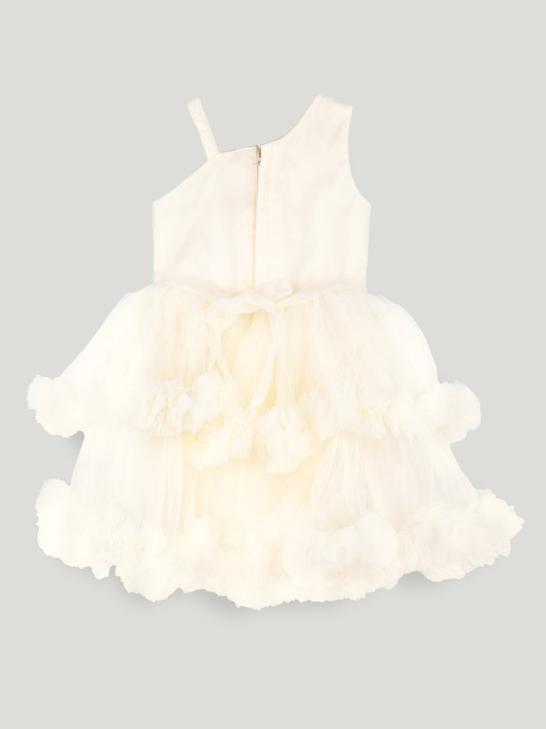 Girls Cream Partywear Frock – Floral Embroidered & Layered Tulle Dress