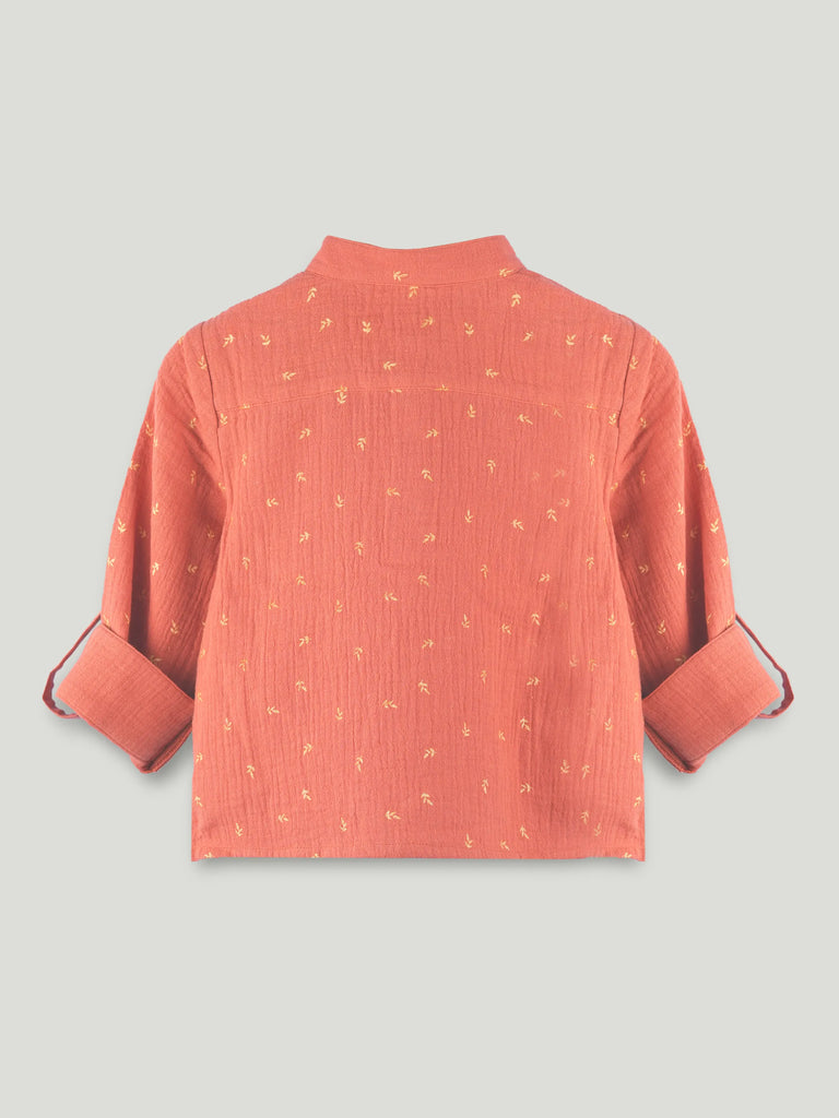 Organic Cotton Boys Mandarin Collar Full Sleeve Shirt - Rust Orange