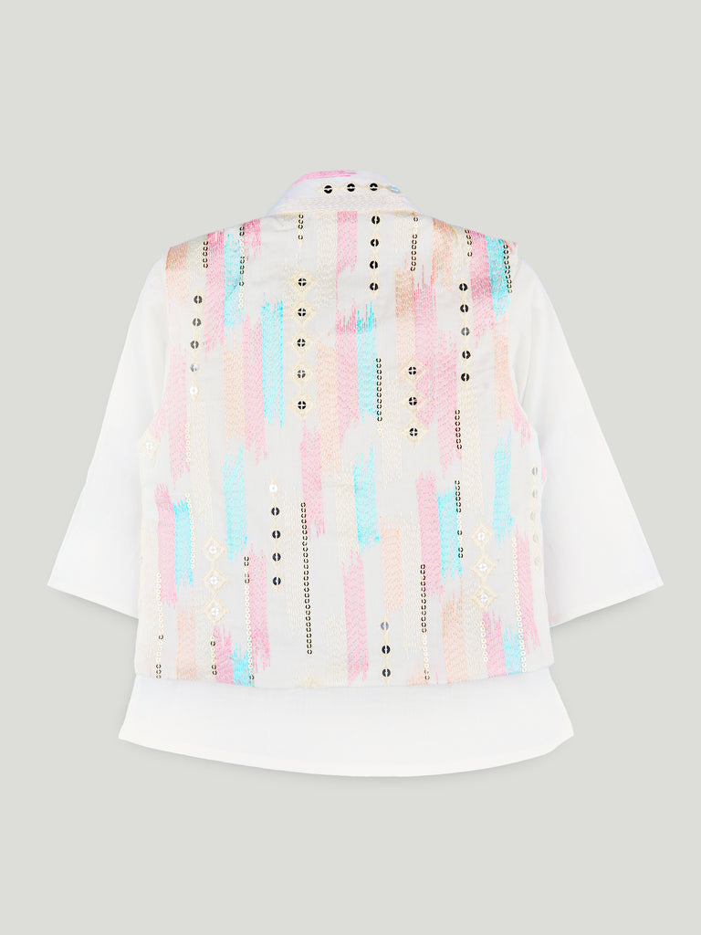 Boys White Kurta & Dhoti Set – Pastel Printed Jacket Festive Wear