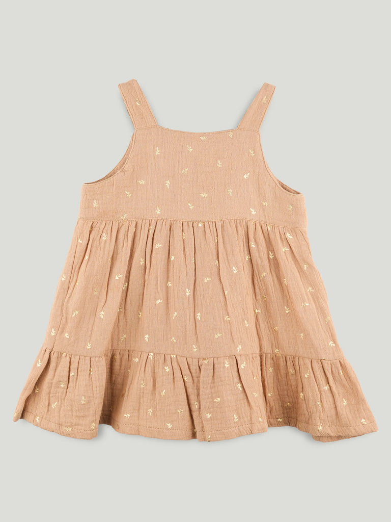 Girls Organic Cotton Beige Floral Print Dress & Bloomers Set with Headband