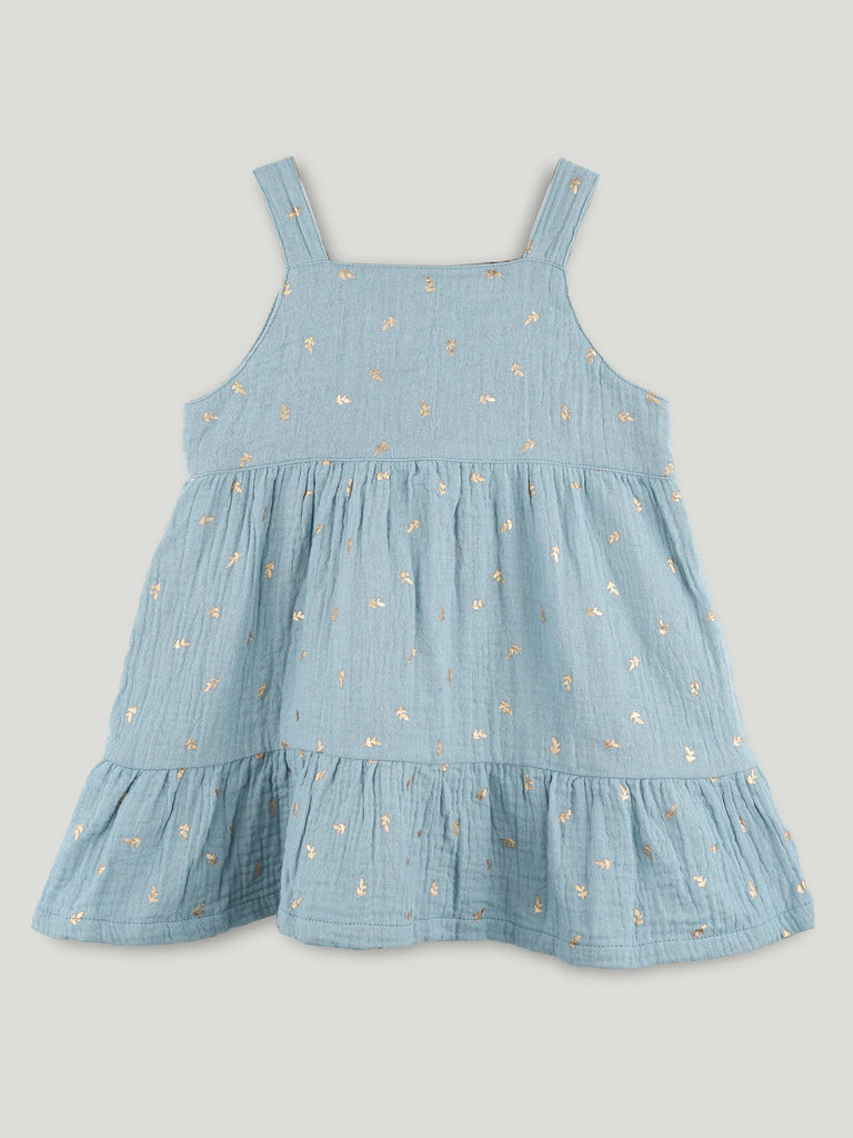 Girls Organic Cotton Sky Blue Floral Print Dress & Bloomers Set with Headband