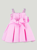 Girls Pink Partywear Frock – 3D Rose Flower Flared Dress
