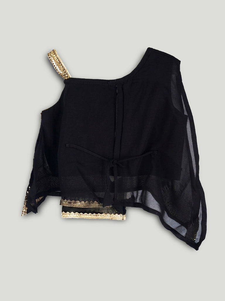 Girls Black Ethnic Crop Top & Dhoti Pants Set – Gold Embroidered Festive Wear