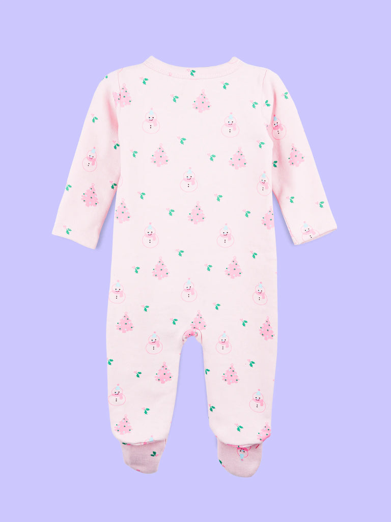 Cotton Baby Girls Footed Romper – Pink Christmas Print Full-Sleeve Romper