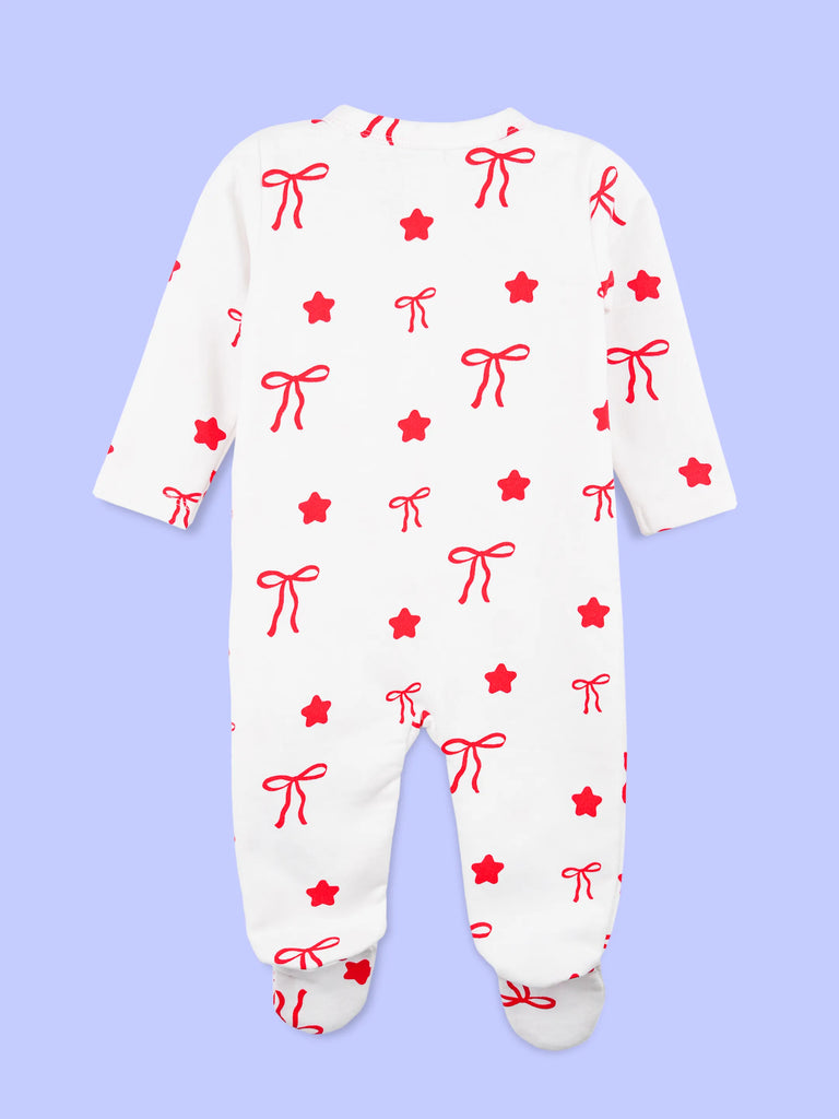 Cotton Baby Footed Romper – White Bow & Star Print Full-Sleeve Romper
