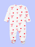 Cotton Baby Footed Romper – White Bow & Star Print Full-Sleeve Romper