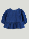 Girls Denim Peplum Top with Puff Sleeves - Dark Blue
