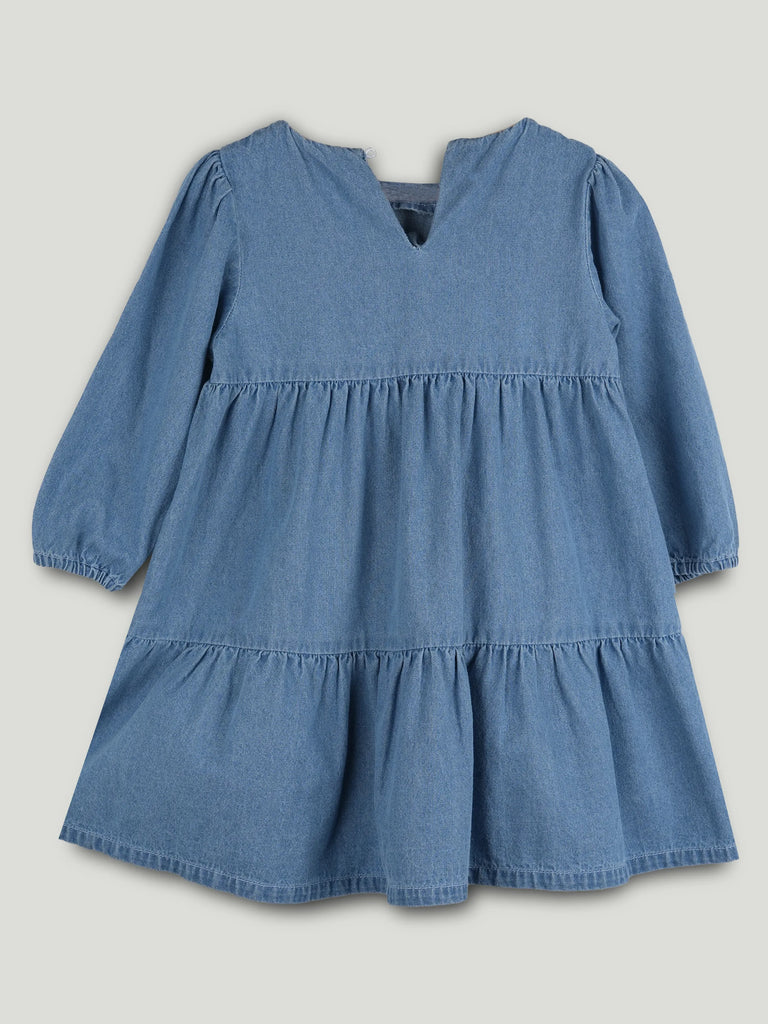 Girls Denim Tiered Full Sleeve Dress - Soft Washed Blue