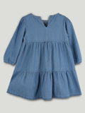 Girls Denim Tiered Full Sleeve Dress - Soft Washed Blue