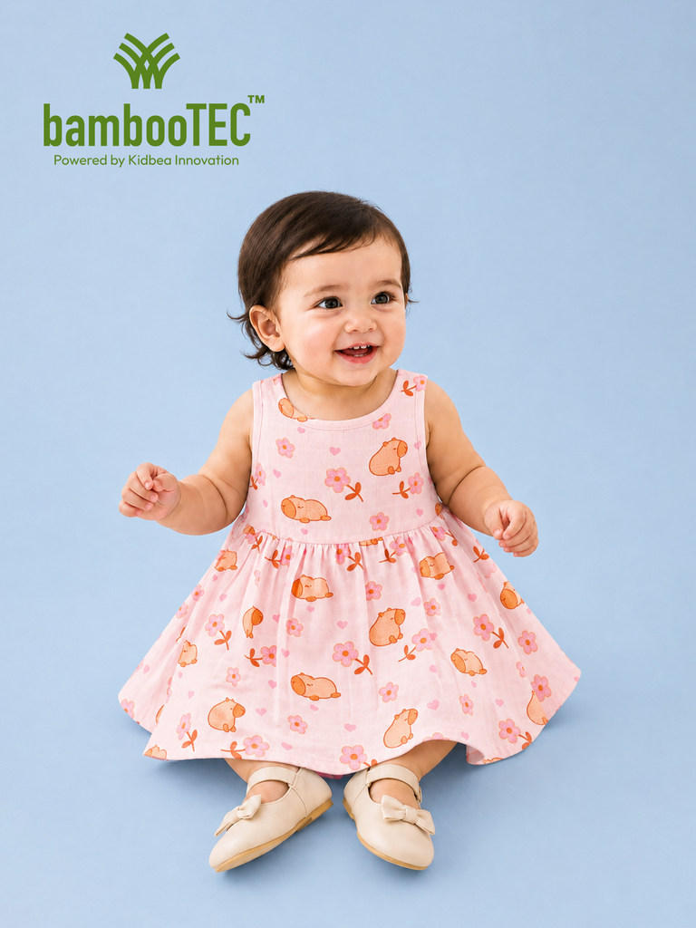 BambooTEC™ Bamboo Muslin Baby Frock – Puppy & Floral Print, Soft & Breathable Dress