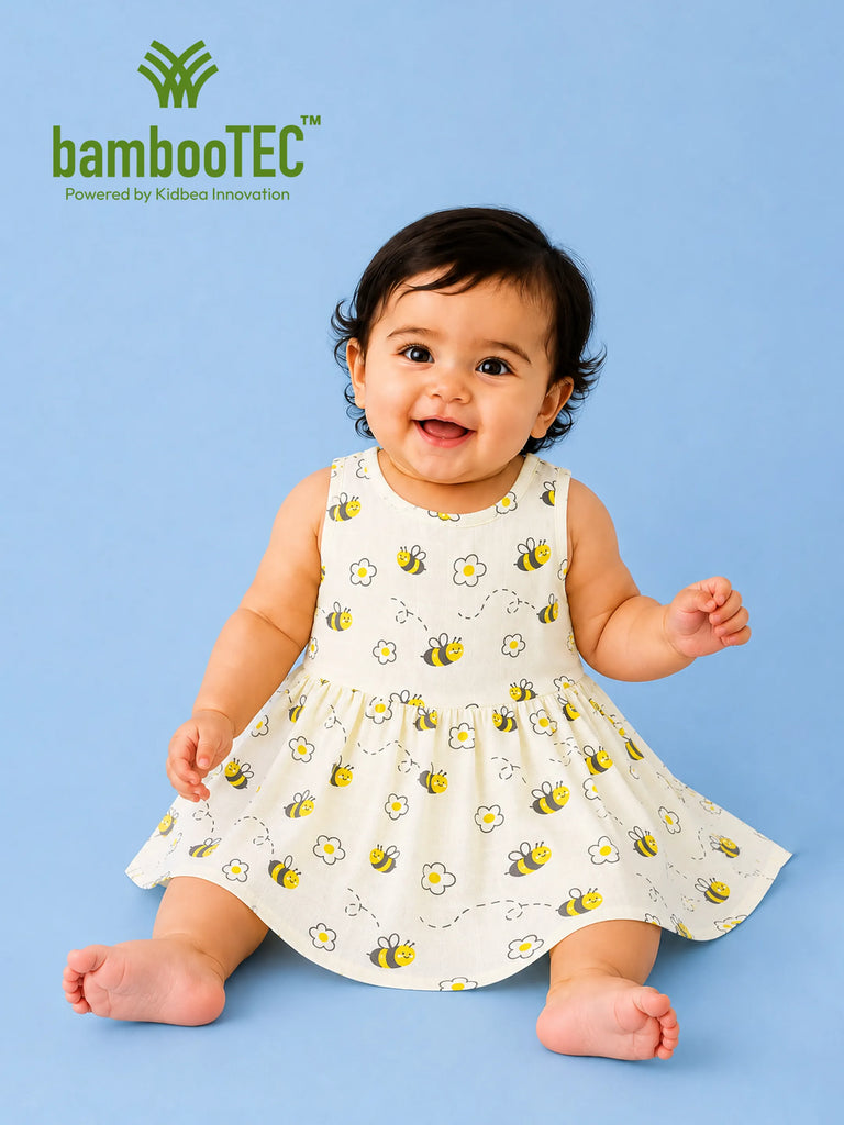 BambooTEC™ Bamboo Muslin Baby Frock – Bee & Daisy Print, Soft & Breathable Dress