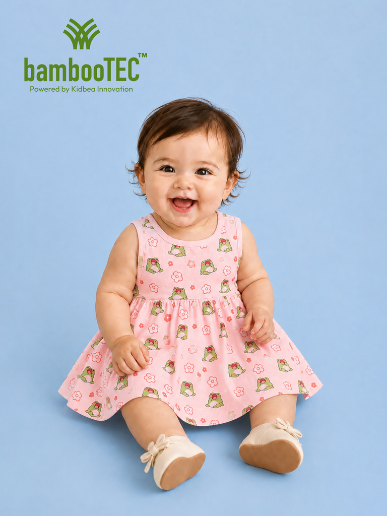 BambooTEC™ Bamboo Muslin Baby Frock – Frog & Floral Print, Soft & Breathable Dress