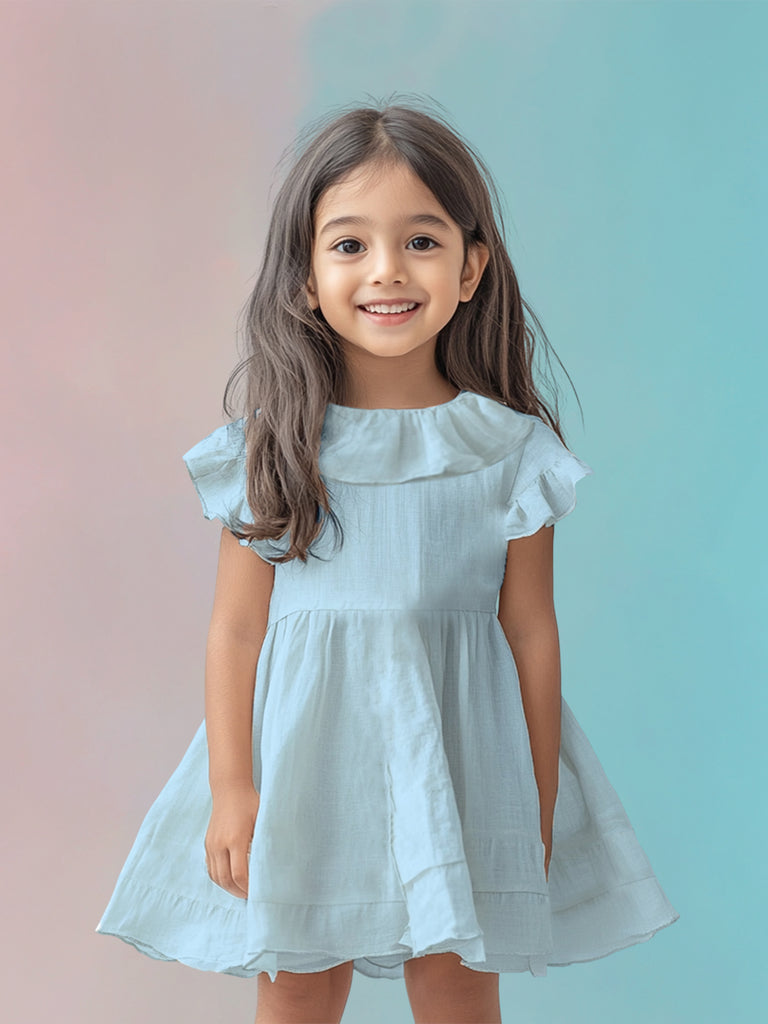 Light Linen Sky Blue Girls Frock | Blue